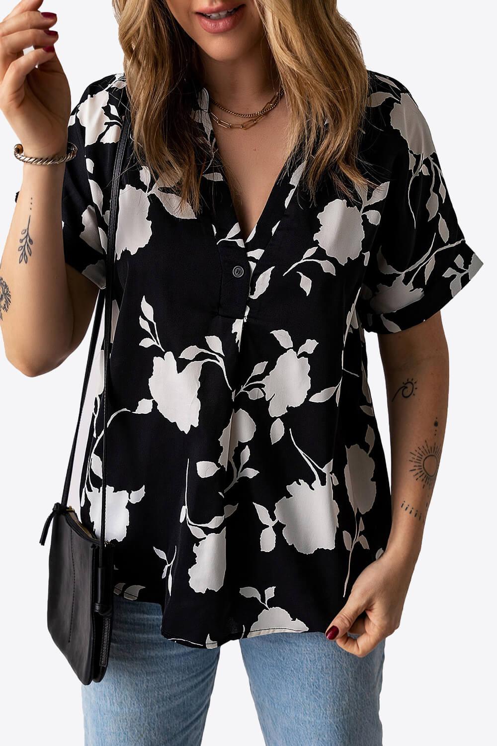 Floral Notched Neck Cuffed Short Sleeve Blouse BLUE ZONE PLANET