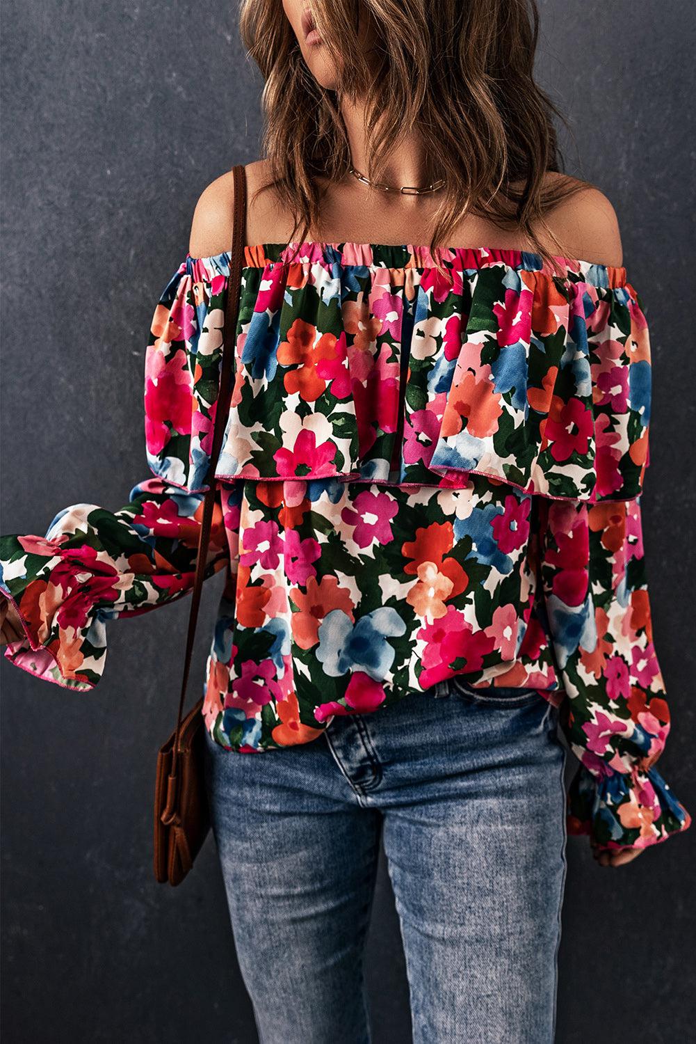 Floral Off-Shoulder Flounce Sleeve Layered Blouse BLUE ZONE PLANET