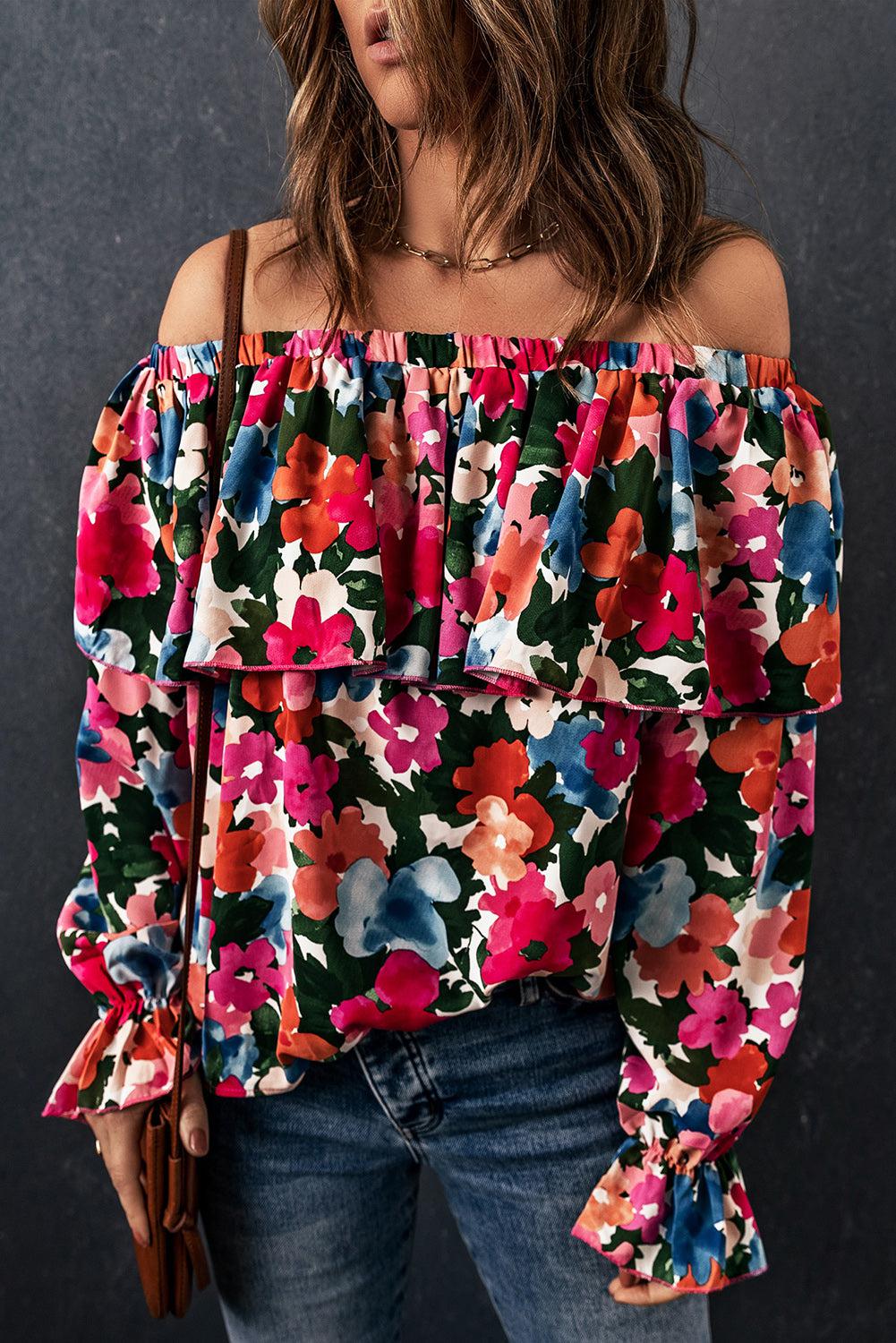 Floral Off-Shoulder Flounce Sleeve Layered Blouse BLUE ZONE PLANET