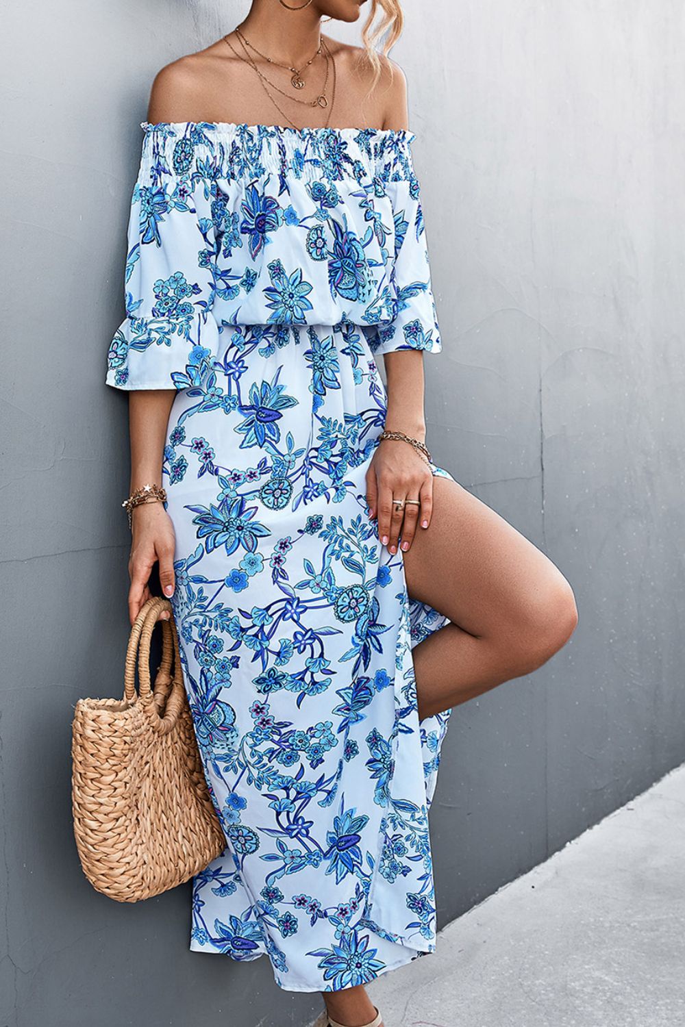 Floral Off-Shoulder Front Split Dress BLUE ZONE PLANET