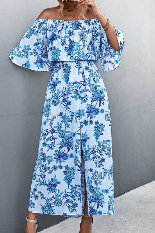 Floral Off-Shoulder Front Split Dress BLUE ZONE PLANET