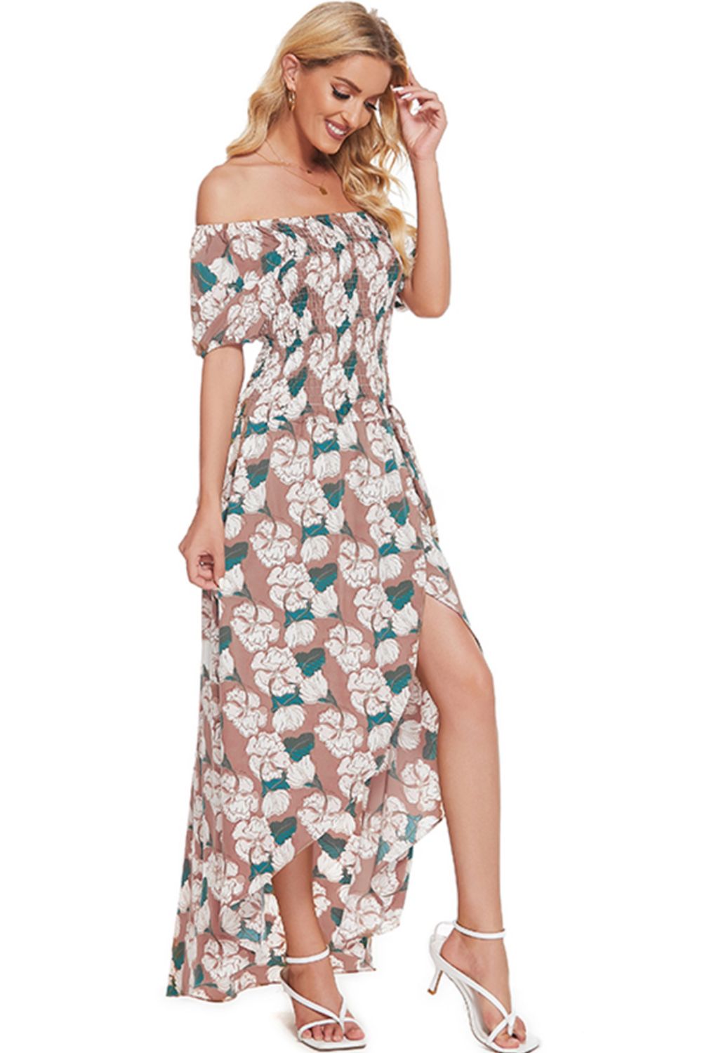 Floral Off-Shoulder Slit Maxi Dress BLUE ZONE PLANET