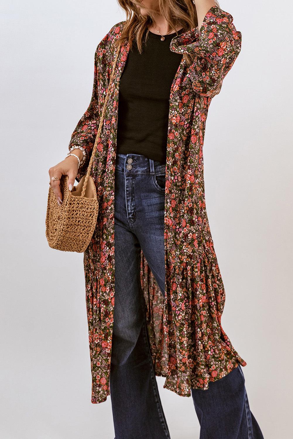Floral Open Front Duster Cardigan BLUE ZONE PLANET