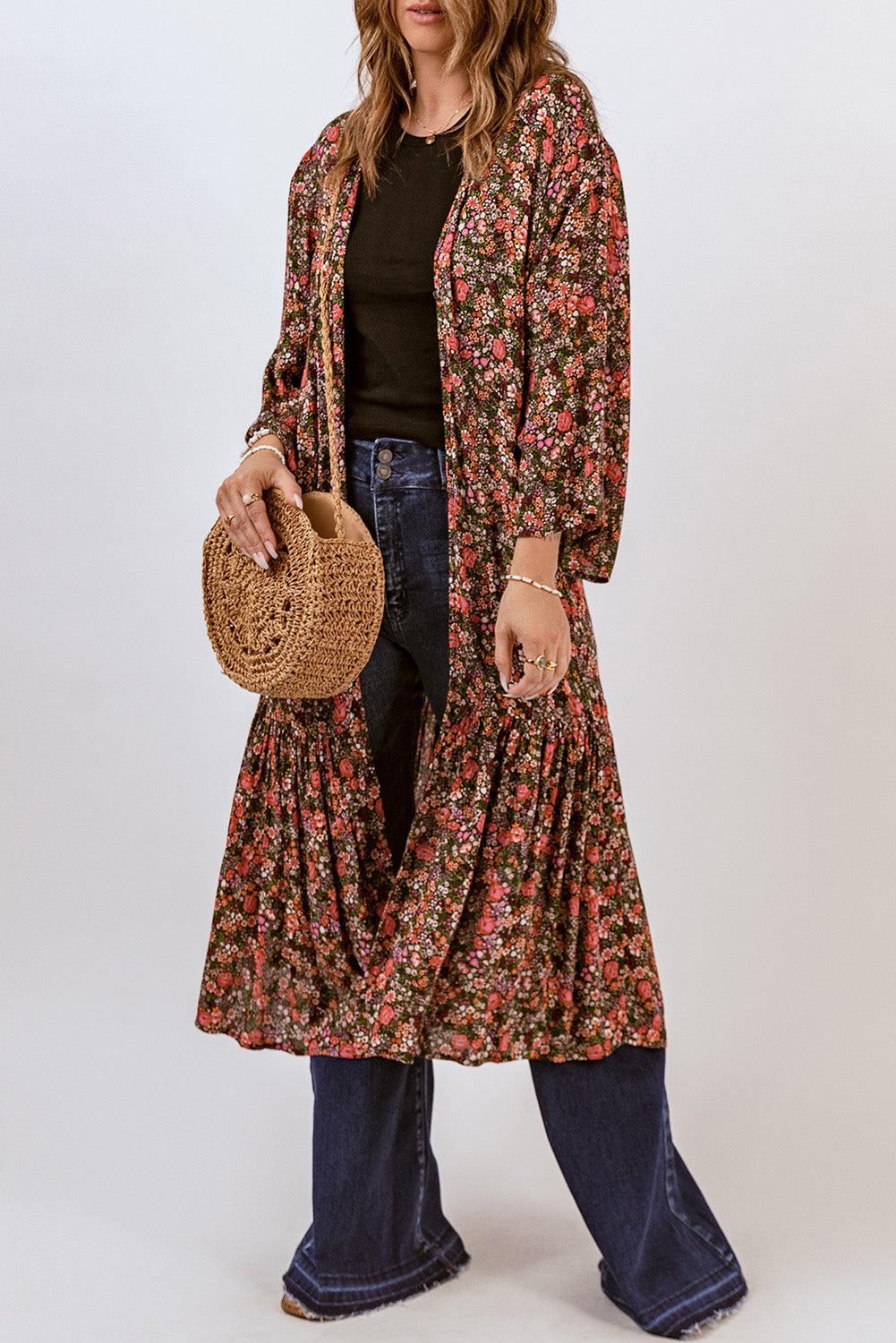 Floral Open Front Duster Cardigan BLUE ZONE PLANET