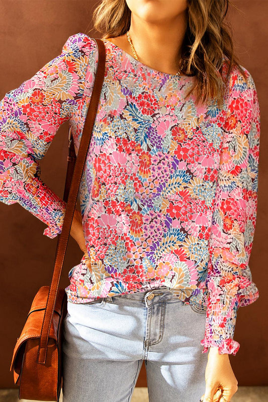 Floral Print Long Puff Sleeve Blouse BLUE ZONE PLANET