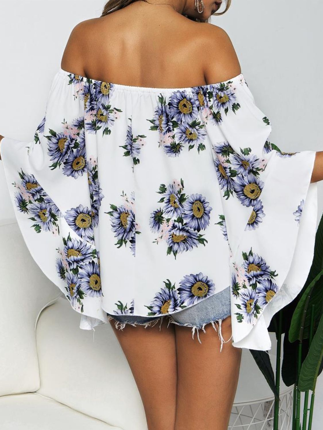 Floral Print Off-Shoulder Flounce Sleeve Blouse BLUE ZONE PLANET