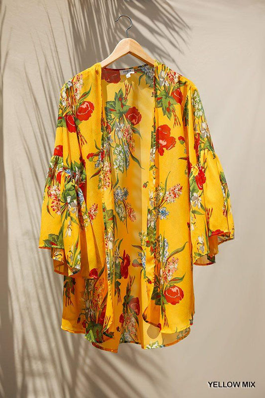 Floral Print Open Front Kimono With Flowy Sleeves-TOPS / DRESSES-[Adult]-[Female]-Blue Zone Planet