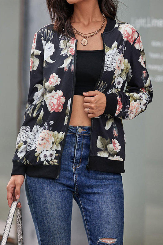 Floral Print Zip Up Bomber Jacket BLUE ZONE PLANET