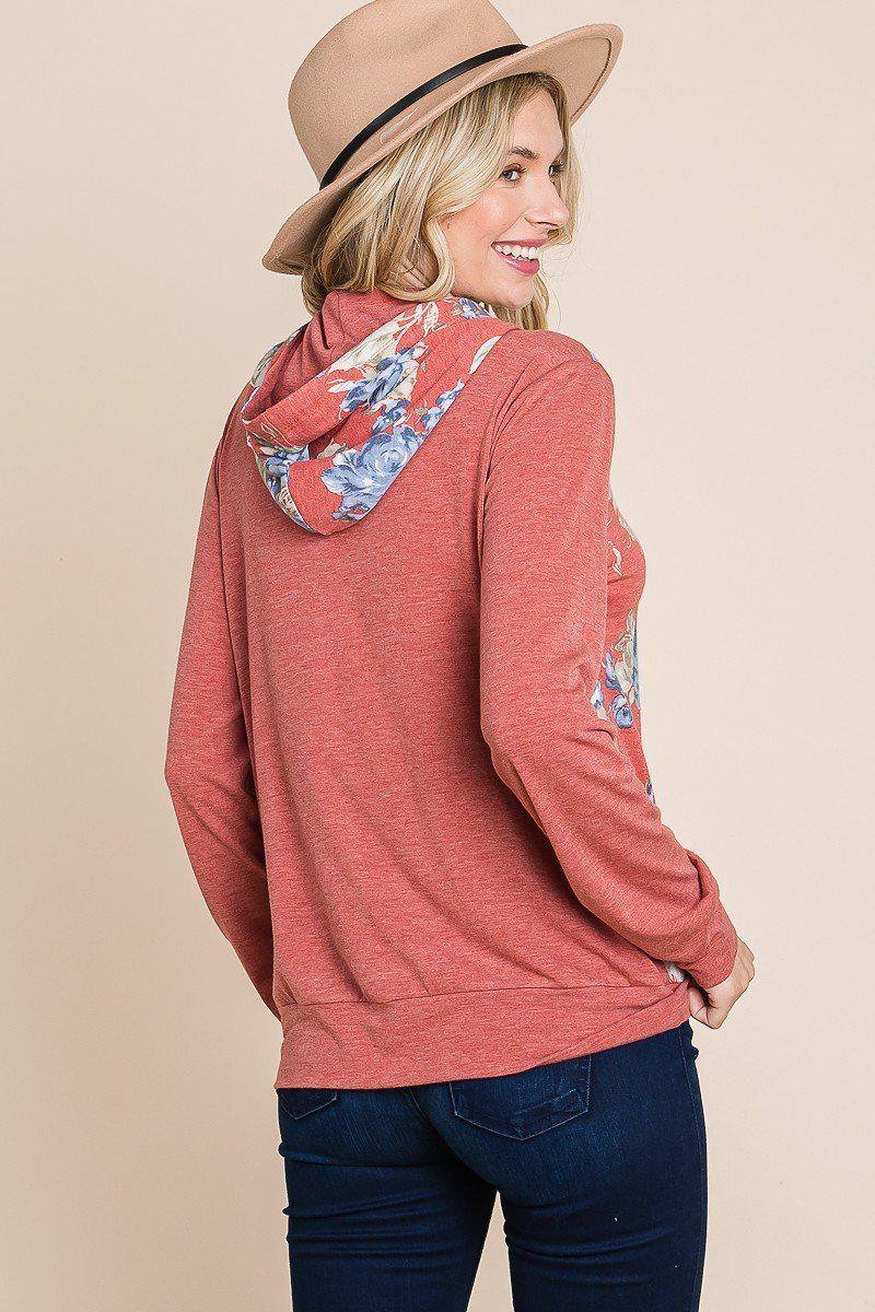 Floral Printed Contrast Hoodie With Relaxed Fit And Cuff Detail Blue Zone Planet