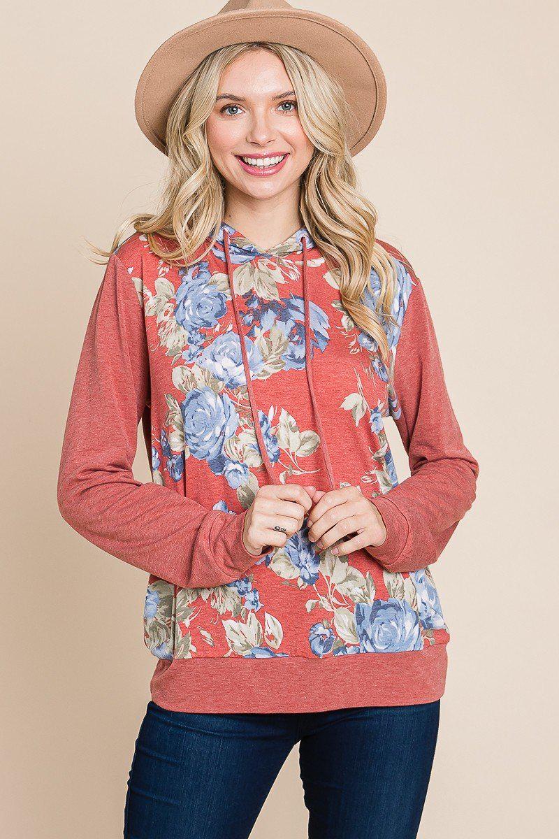 Floral Printed Contrast Hoodie With Relaxed Fit And Cuff Detail-[Adult]-[Female]-Blue Zone Planet