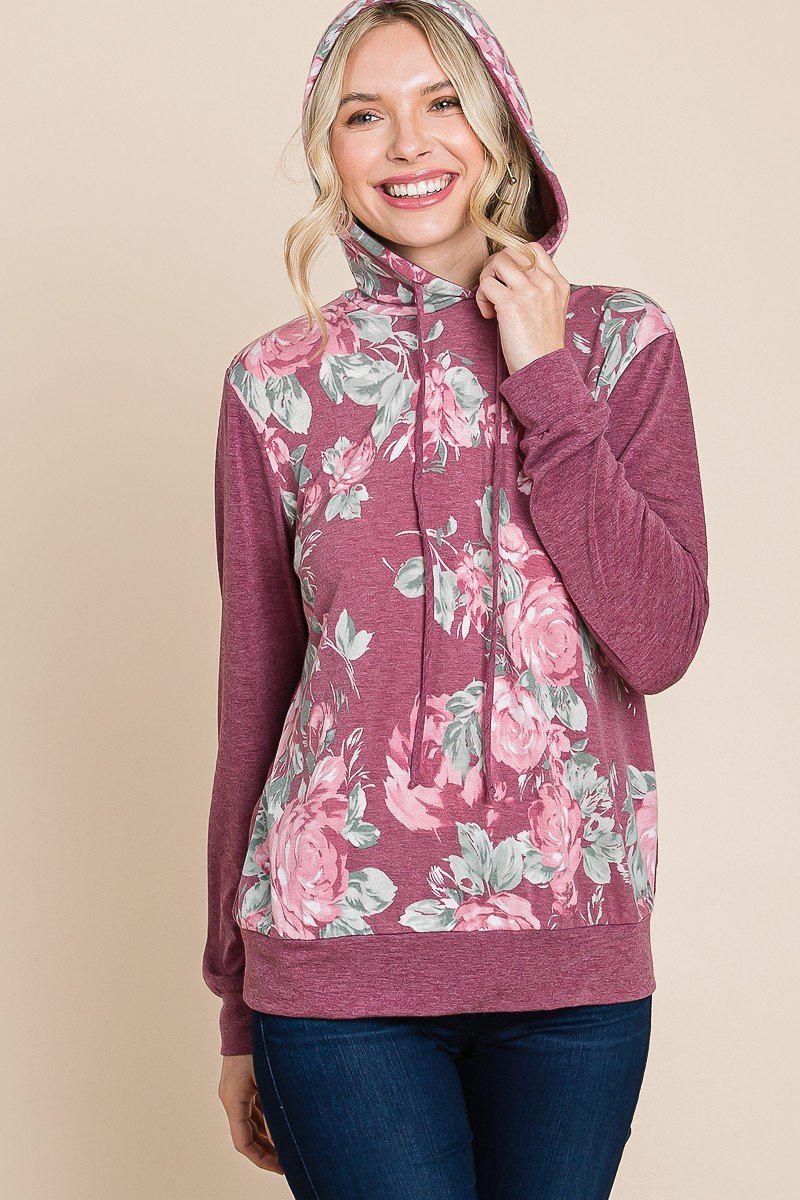 Floral Printed Contrast Hoodie With Relaxed Fit And Cuff Detail-[Adult]-[Female]-Blue Zone Planet