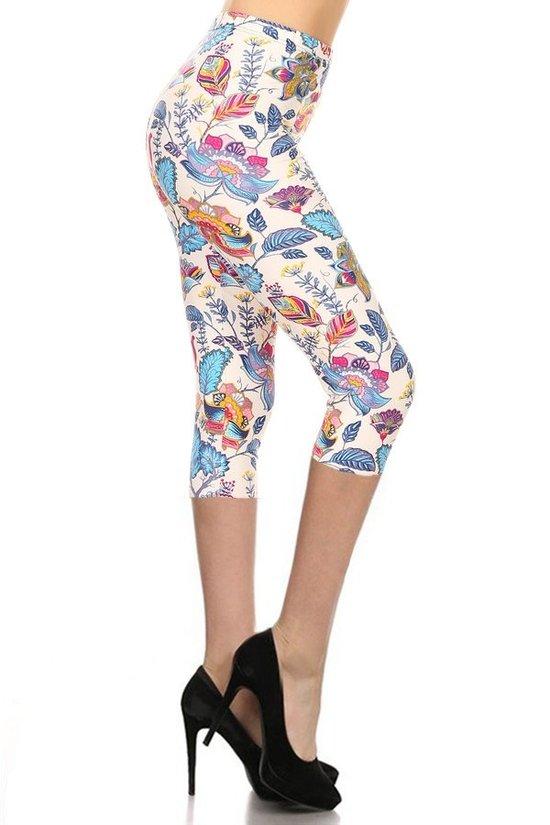 Floral Printed Lined Knit Capri Legging With Elastic Waistband-[Adult]-[Female]-Multi-Blue Zone Planet