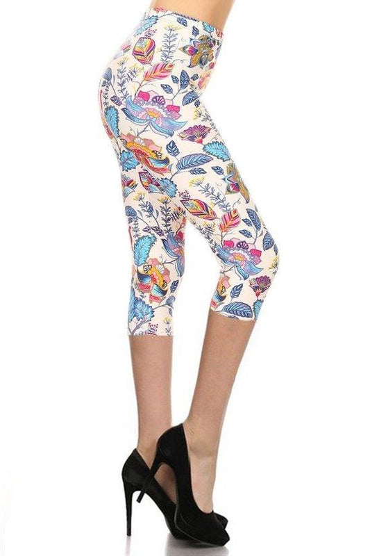 Floral Printed Lined Knit Capri Legging With Elastic Waistband Blue Zone Planet
