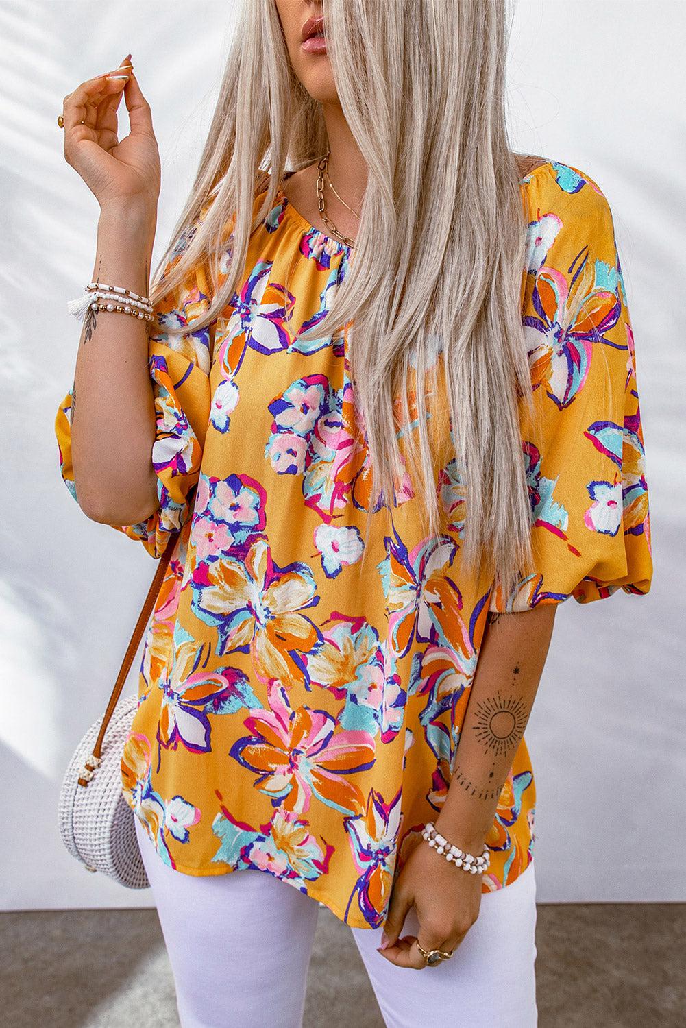 Floral Puff Sleeve Boat Neck Blouse BLUE ZONE PLANET