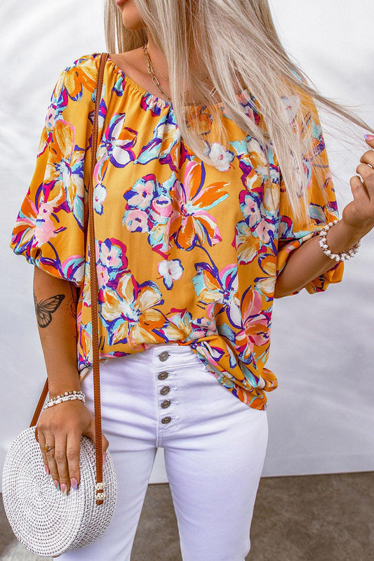 Floral Puff Sleeve Boat Neck Blouse BLUE ZONE PLANET
