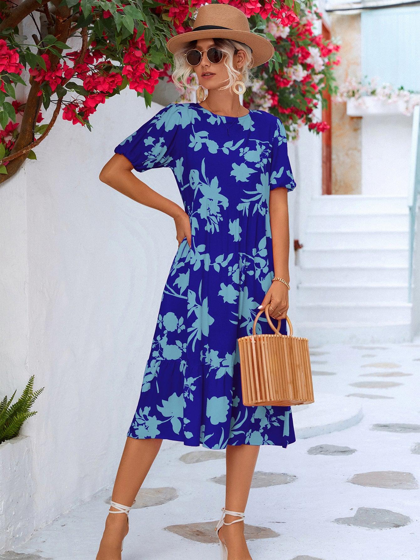 Floral Puff Sleeve Ruffle Hem Midi Dress BLUE ZONE PLANET