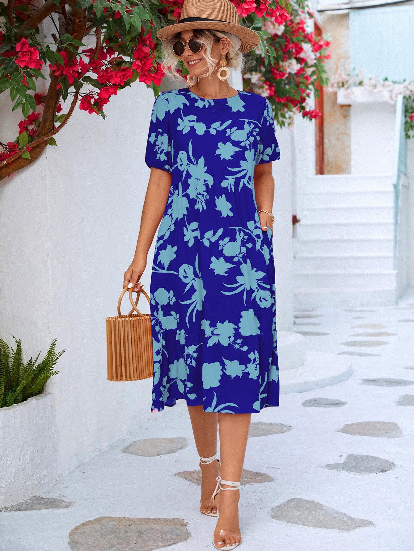 Floral Puff Sleeve Ruffle Hem Midi Dress BLUE ZONE PLANET