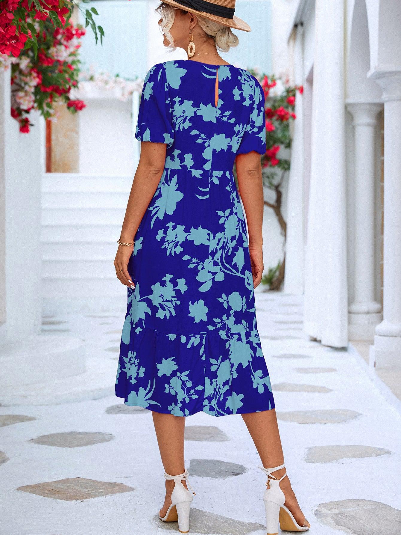 Floral Puff Sleeve Ruffle Hem Midi Dress BLUE ZONE PLANET