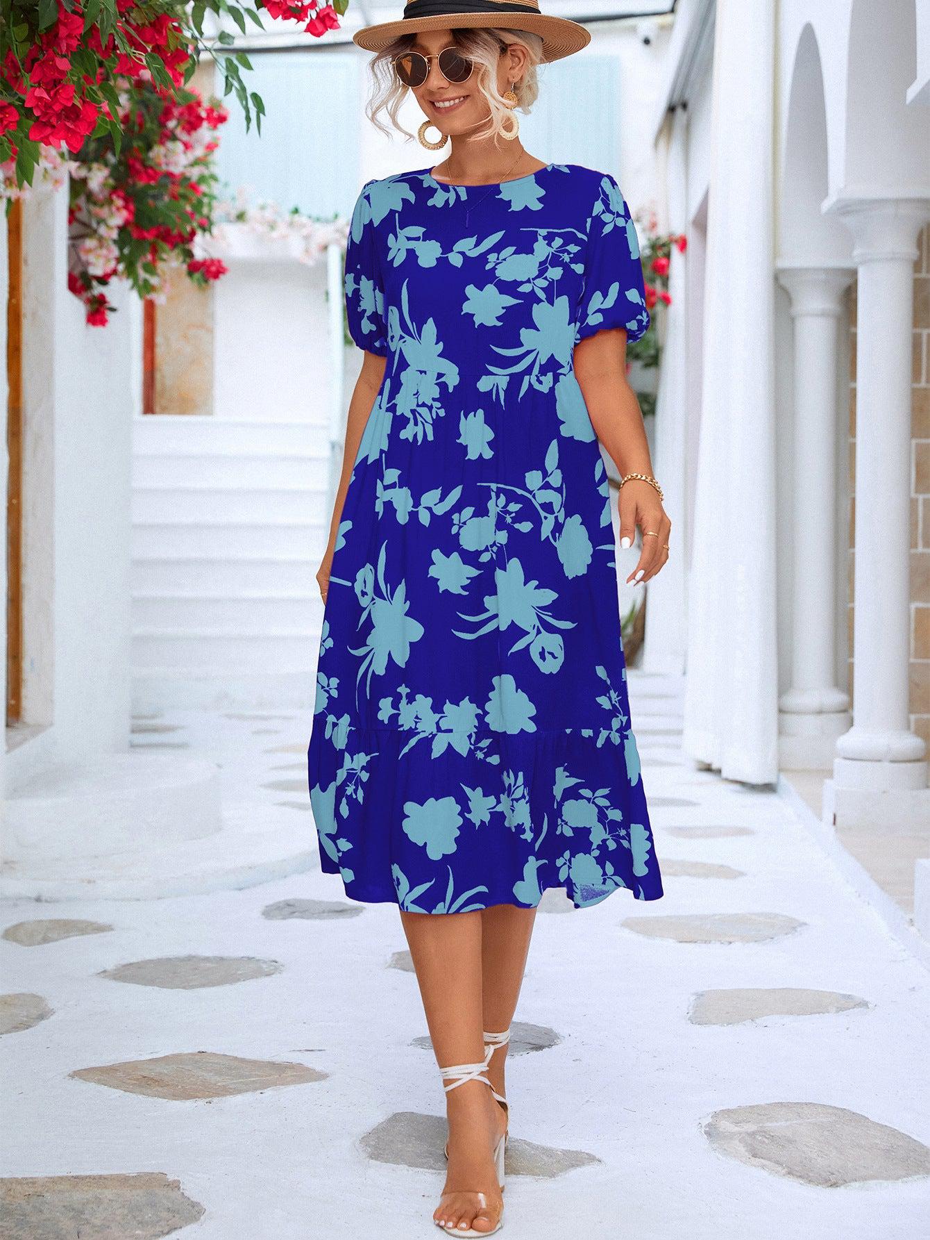 Floral Puff Sleeve Ruffle Hem Midi Dress BLUE ZONE PLANET