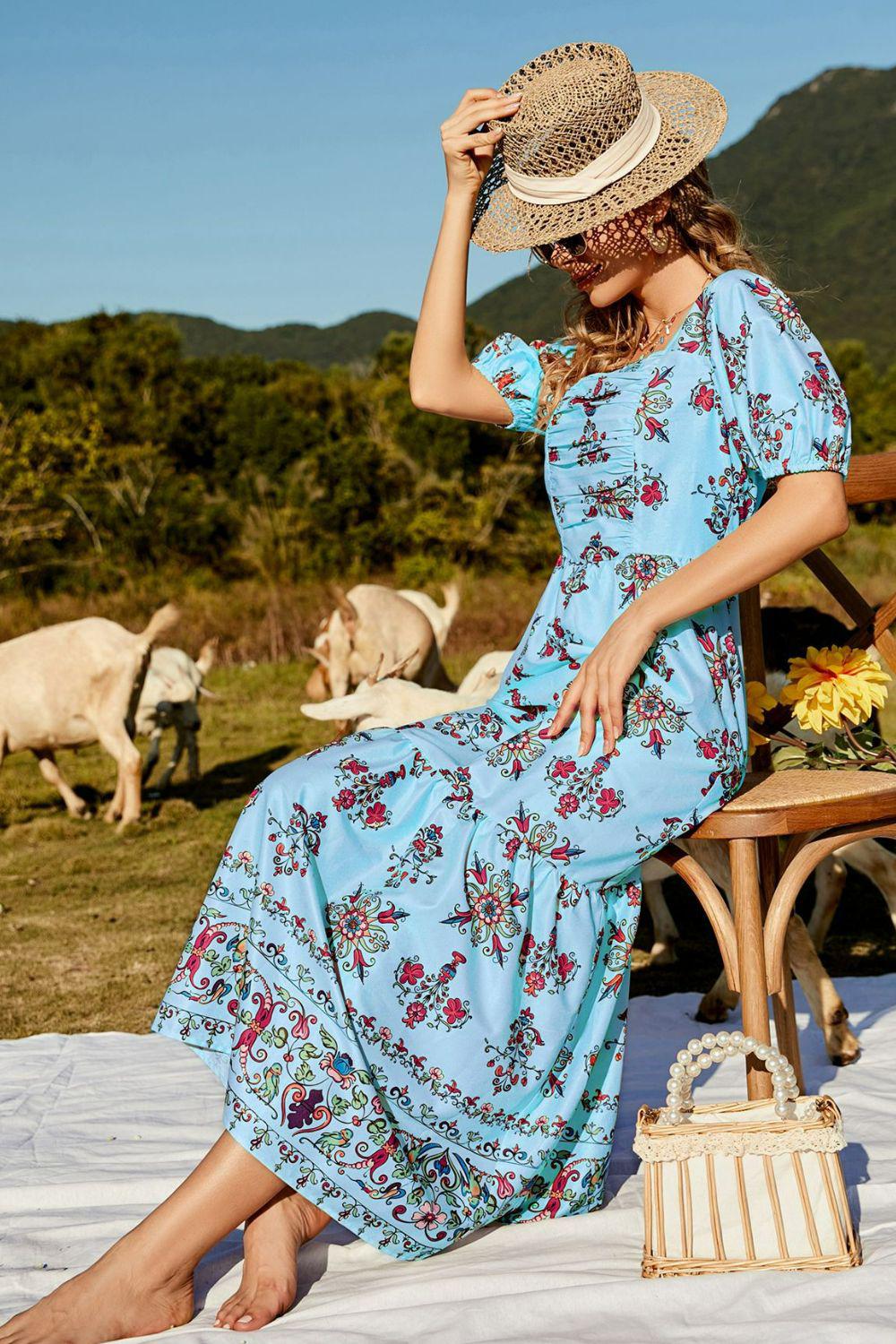 Floral Ruched Puff Sleeve Tiered Maxi Dress BLUE ZONE PLANET