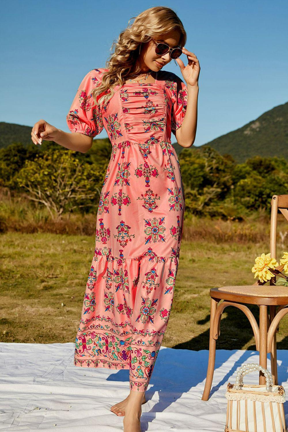 Floral Ruched Puff Sleeve Tiered Maxi Dress BLUE ZONE PLANET