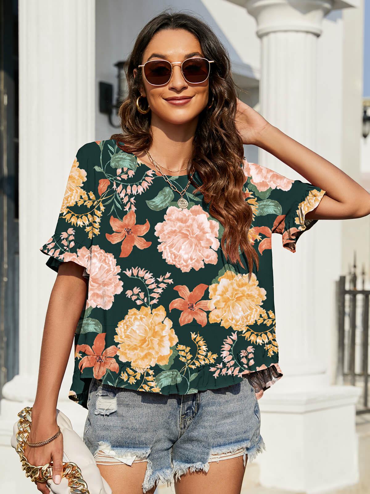 Floral Ruffled Flounce Sleeve Blouse BLUE ZONE PLANET