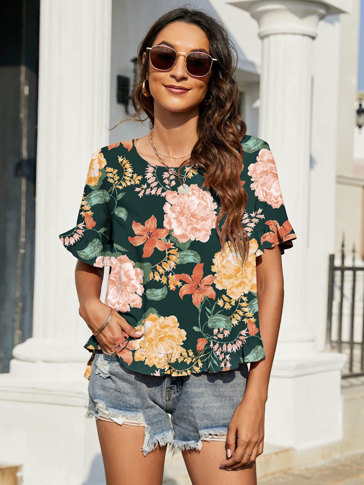 Floral Ruffled Flounce Sleeve Blouse BLUE ZONE PLANET