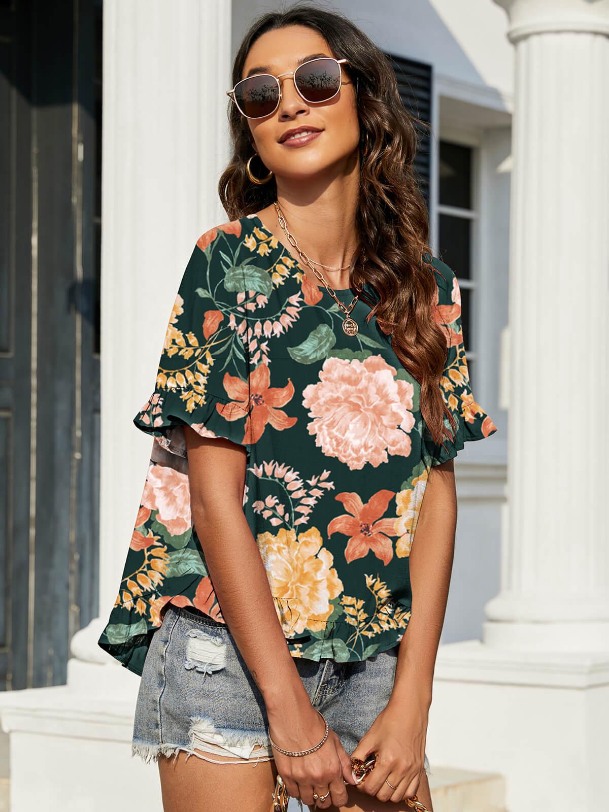 Floral Ruffled Flounce Sleeve Blouse BLUE ZONE PLANET