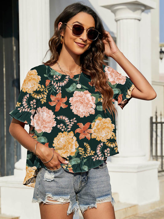 Floral Ruffled Flounce Sleeve Blouse BLUE ZONE PLANET