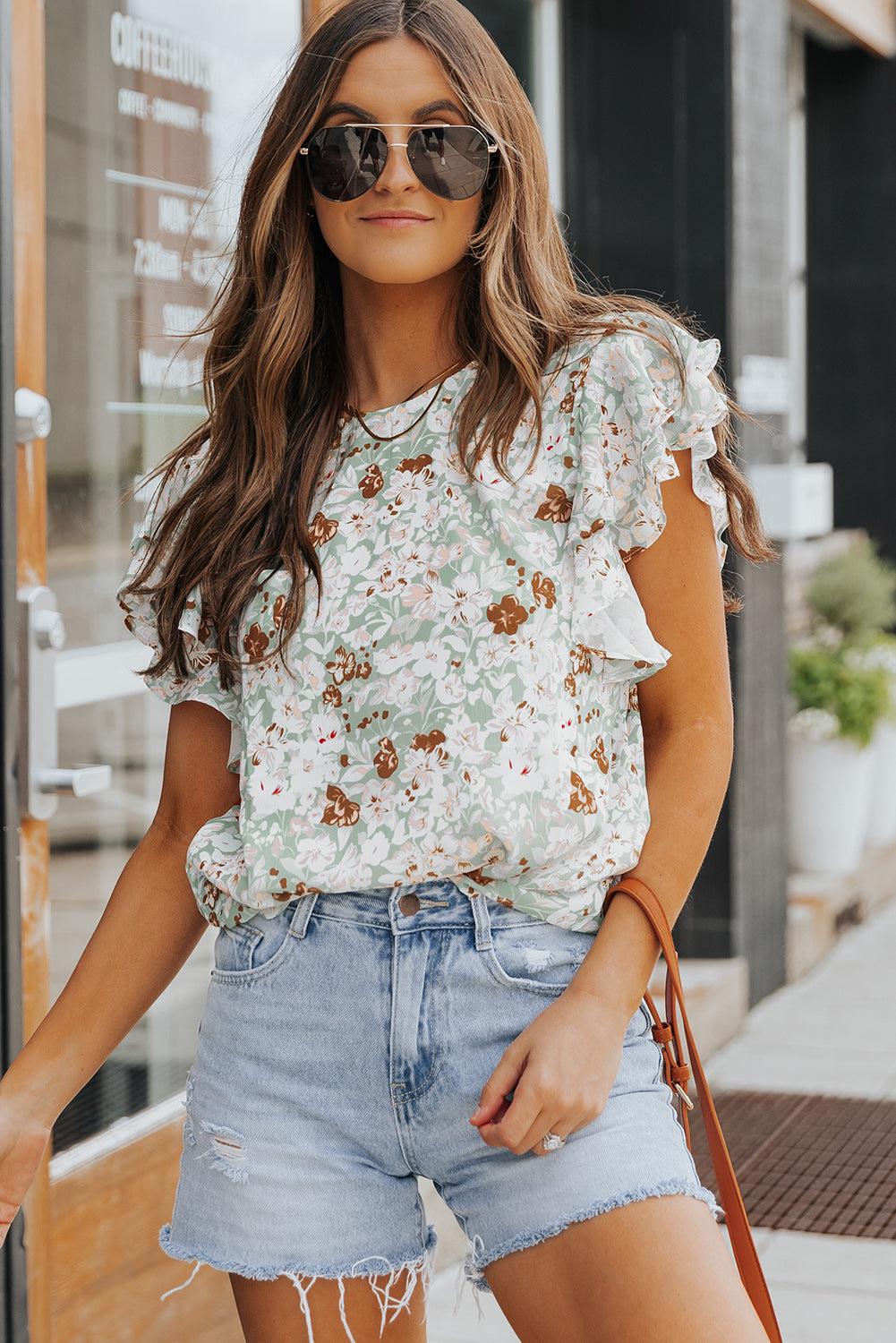 Floral Ruffled Flutter Sleeve Blouse BLUE ZONE PLANET