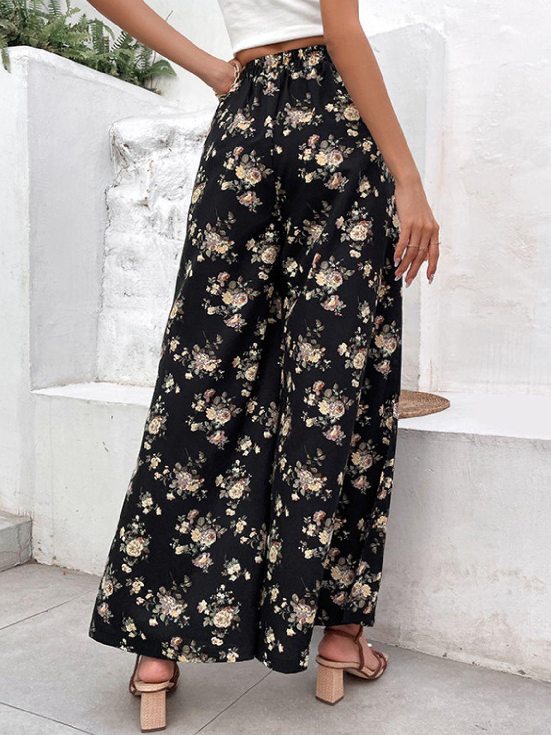 Floral Side Slit Wide Leg Pants BLUE ZONE PLANET