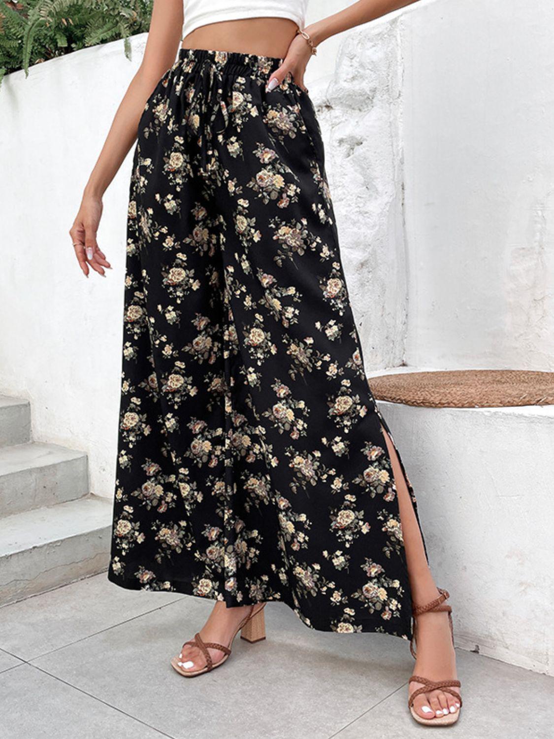 Floral Side Slit Wide Leg Pants BLUE ZONE PLANET