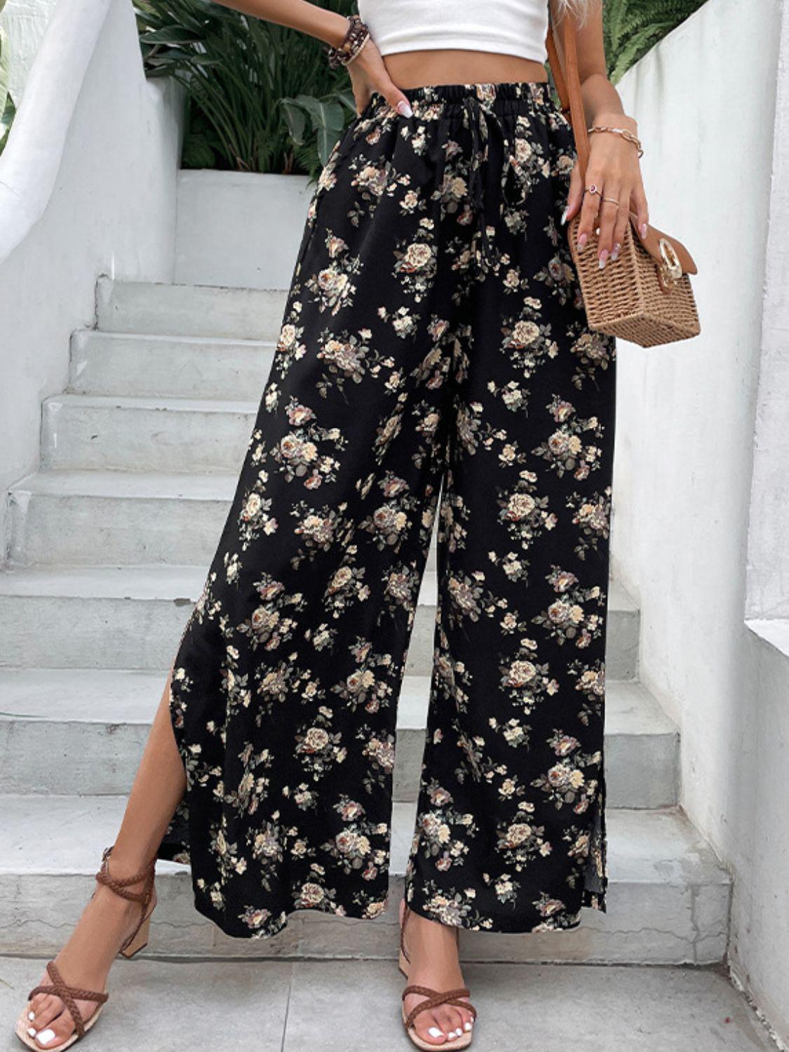 Floral Side Slit Wide Leg Pants BLUE ZONE PLANET