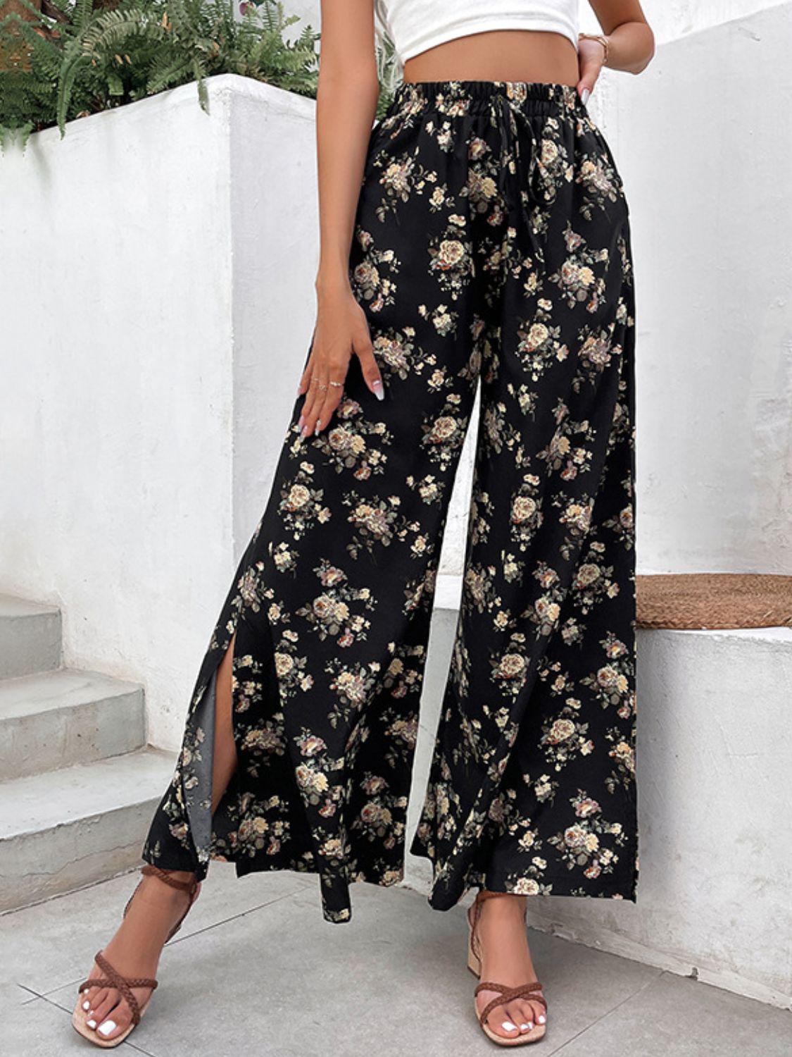 Floral Side Slit Wide Leg Pants BLUE ZONE PLANET