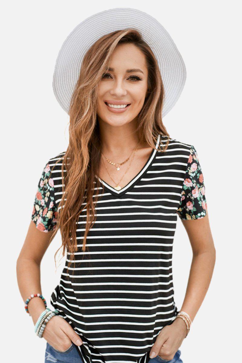 Floral Sleeves Striped T-shirt-TOPS / DRESSES-[Adult]-[Female]-Blue Zone Planet