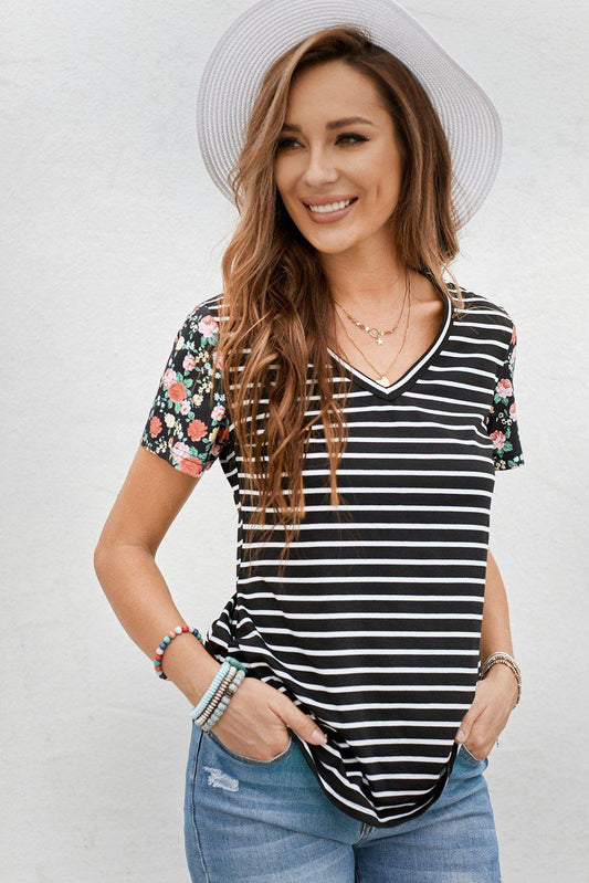 Floral Sleeves Striped T-shirt-TOPS / DRESSES-[Adult]-[Female]-Black-M-Blue Zone Planet