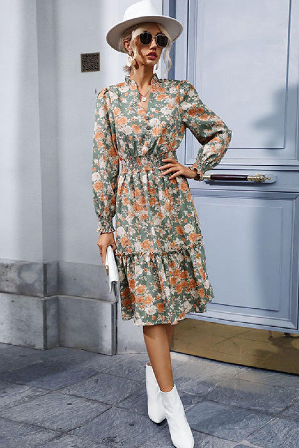 Floral Smocked Decorative Button Midi Dress-TOPS / DRESSES-[Adult]-[Female]-Blue Zone Planet