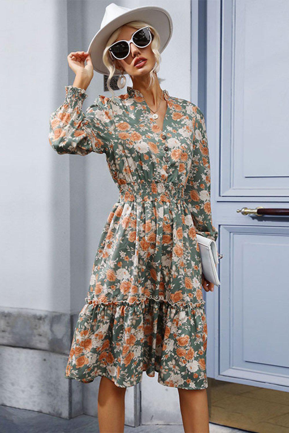 Floral Smocked Decorative Button Midi Dress-TOPS / DRESSES-[Adult]-[Female]-Floral-S-Blue Zone Planet