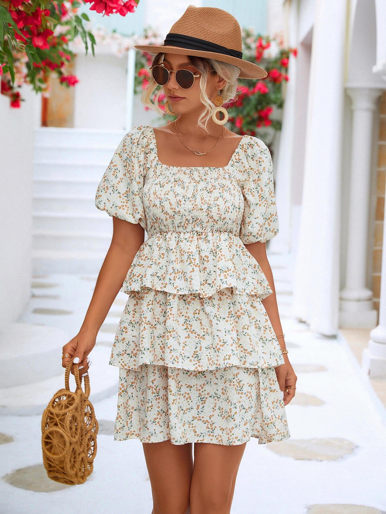 Floral Smocked Puff Sleeve Square Neck Layered Dress BLUE ZONE PLANET