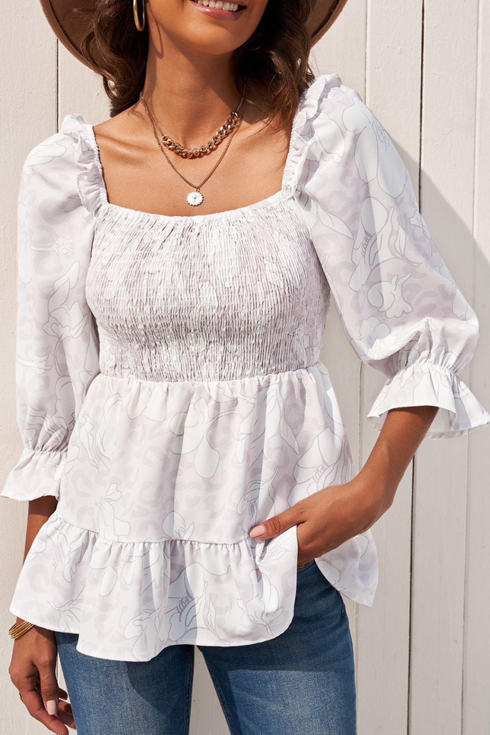 Floral Smocked Ruffled Babydoll Top-TOPS / DRESSES-[Adult]-[Female]-White-S-2022 Online Blue Zone Planet