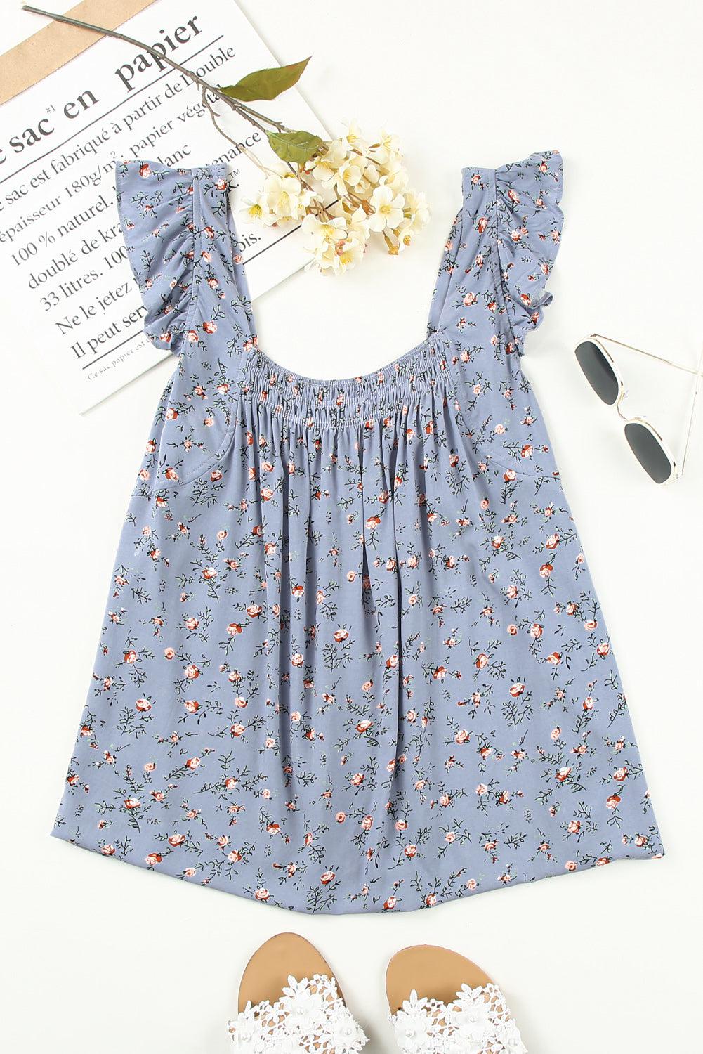 Floral Smocked Square Neck Top BLUE ZONE PLANET