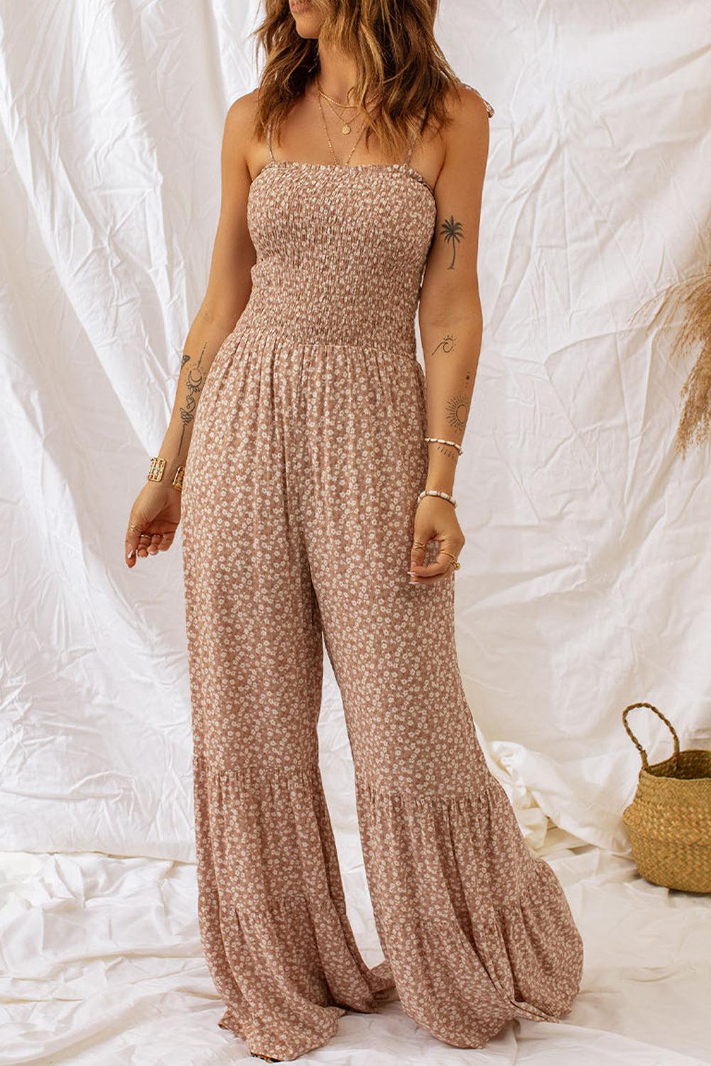 Floral Spaghetti Strap Smocked Wide Leg Jumpsuit BLUE ZONE PLANET