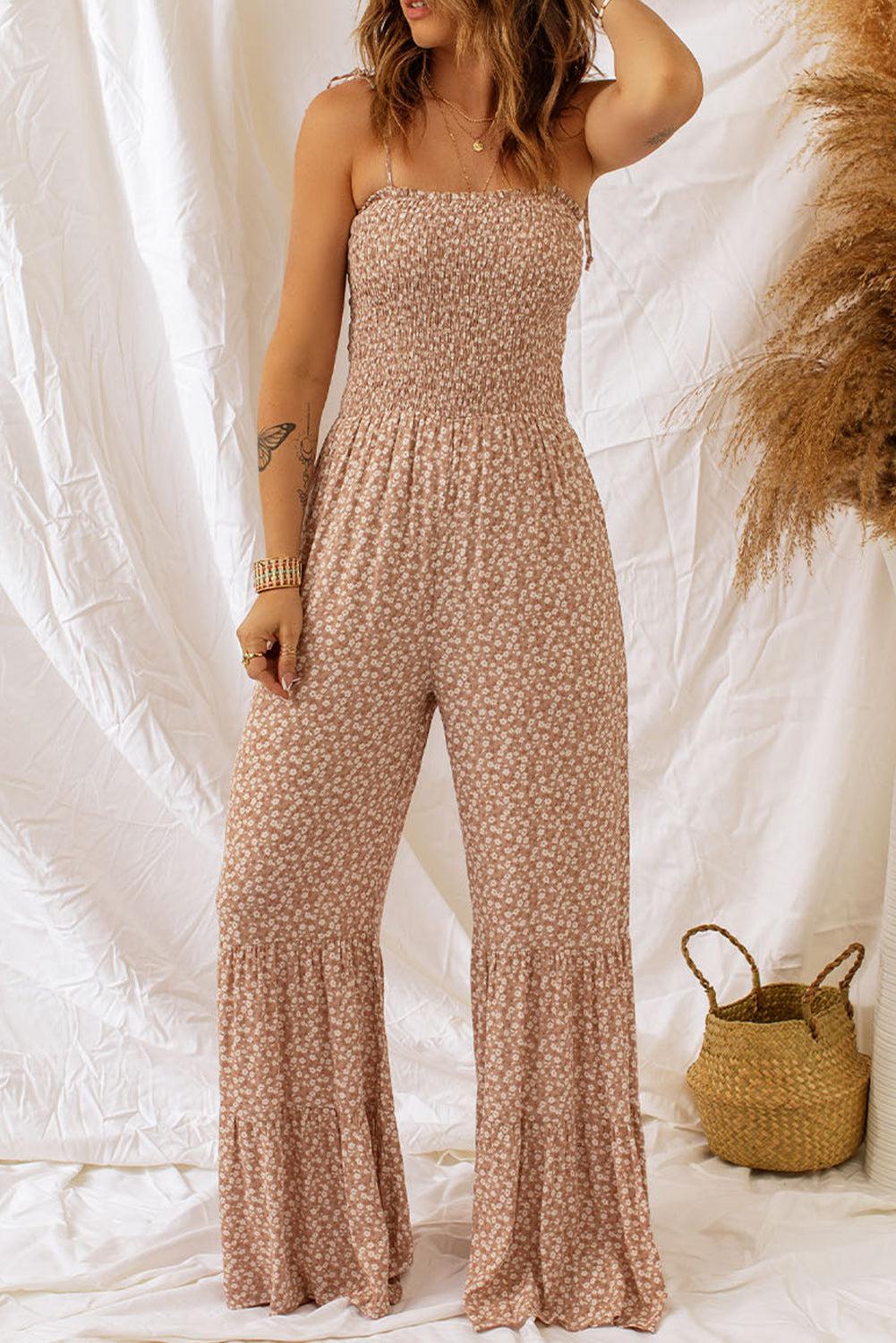 Floral Spaghetti Strap Smocked Wide Leg Jumpsuit BLUE ZONE PLANET