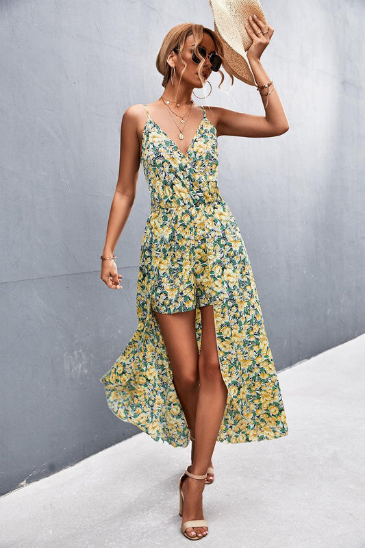 Floral Spaghetti Strap Surplice Romper with Skirt Overlay BLUE ZONE PLANET