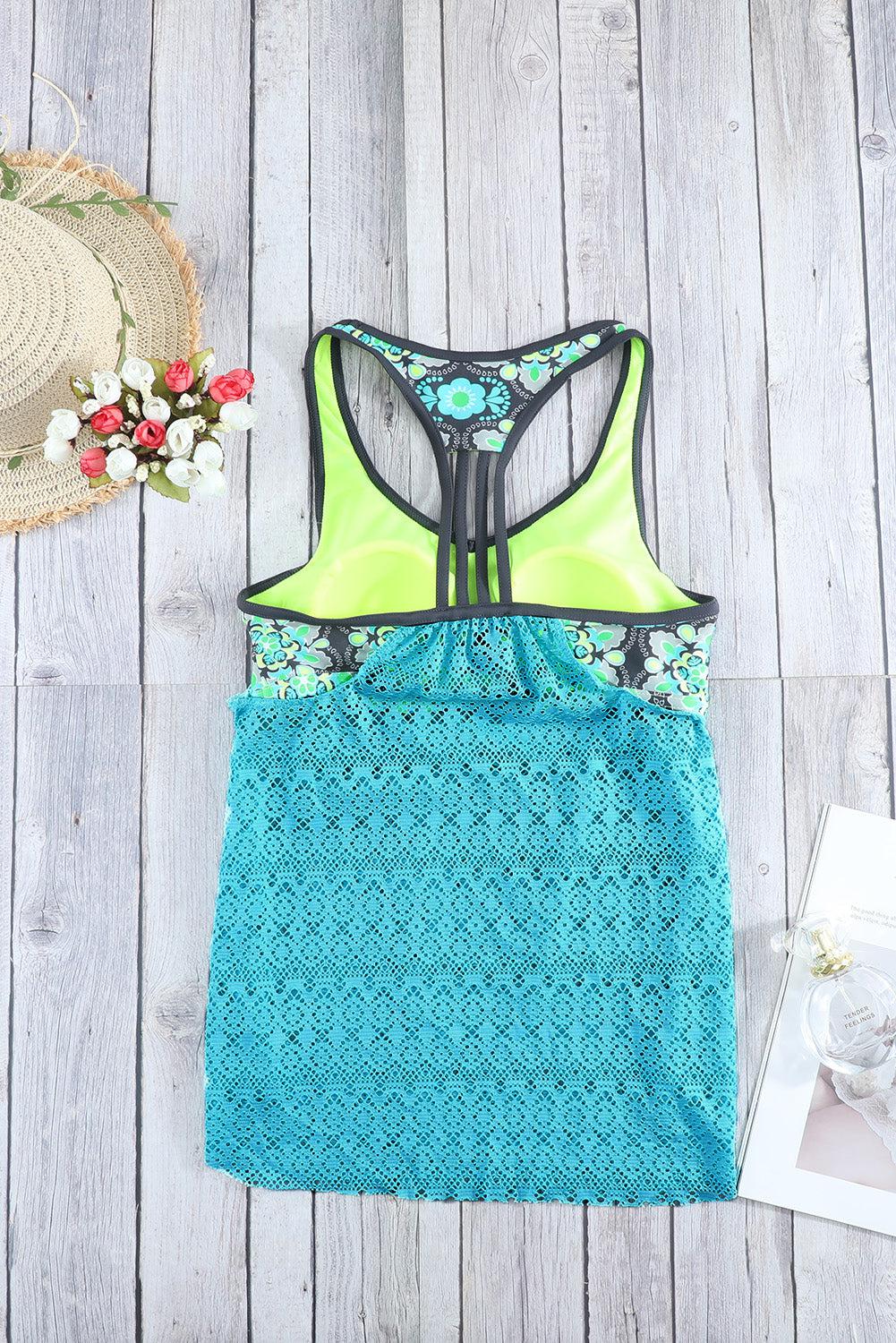 Floral Spliced Lace Tankini Top BLUE ZONE PLANET