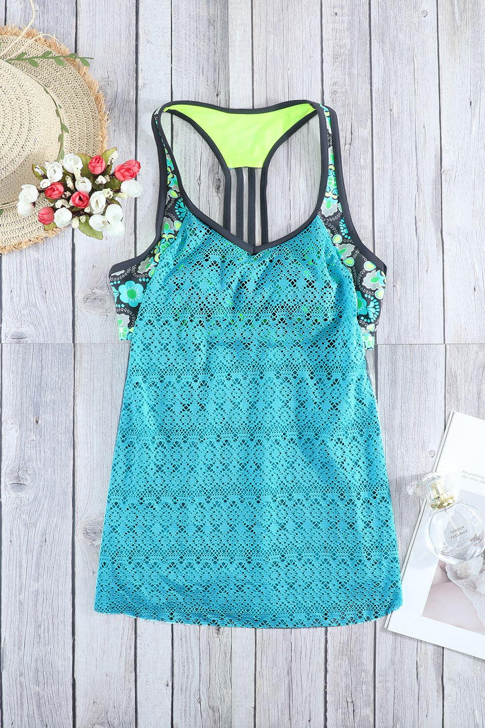 Floral Spliced Lace Tankini Top-TOPS / DRESSES-[Adult]-[Female]-Green-S-Blue Zone Planet