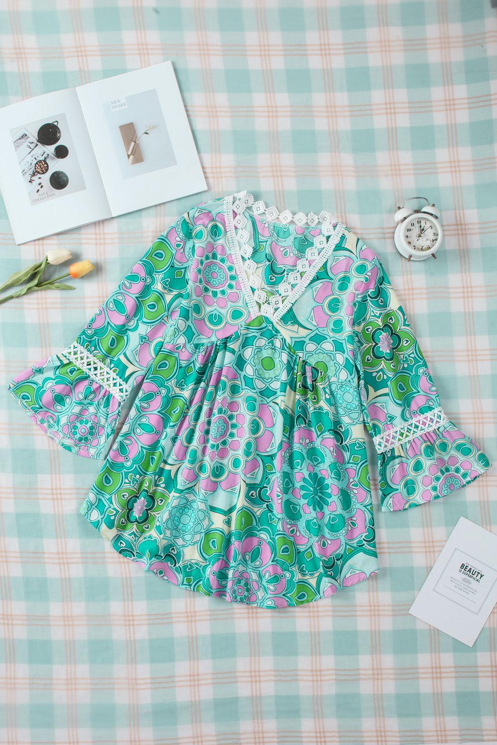 Floral Spliced Lace V-Neck Flare Sleeve Blouse-TOPS / DRESSES-[Adult]-[Female]-Green-S-2022 Online Blue Zone Planet
