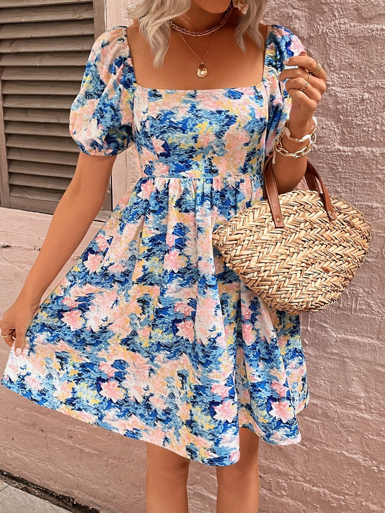 Floral Square Neck Puff Sleeve Dress BLUE ZONE PLANET