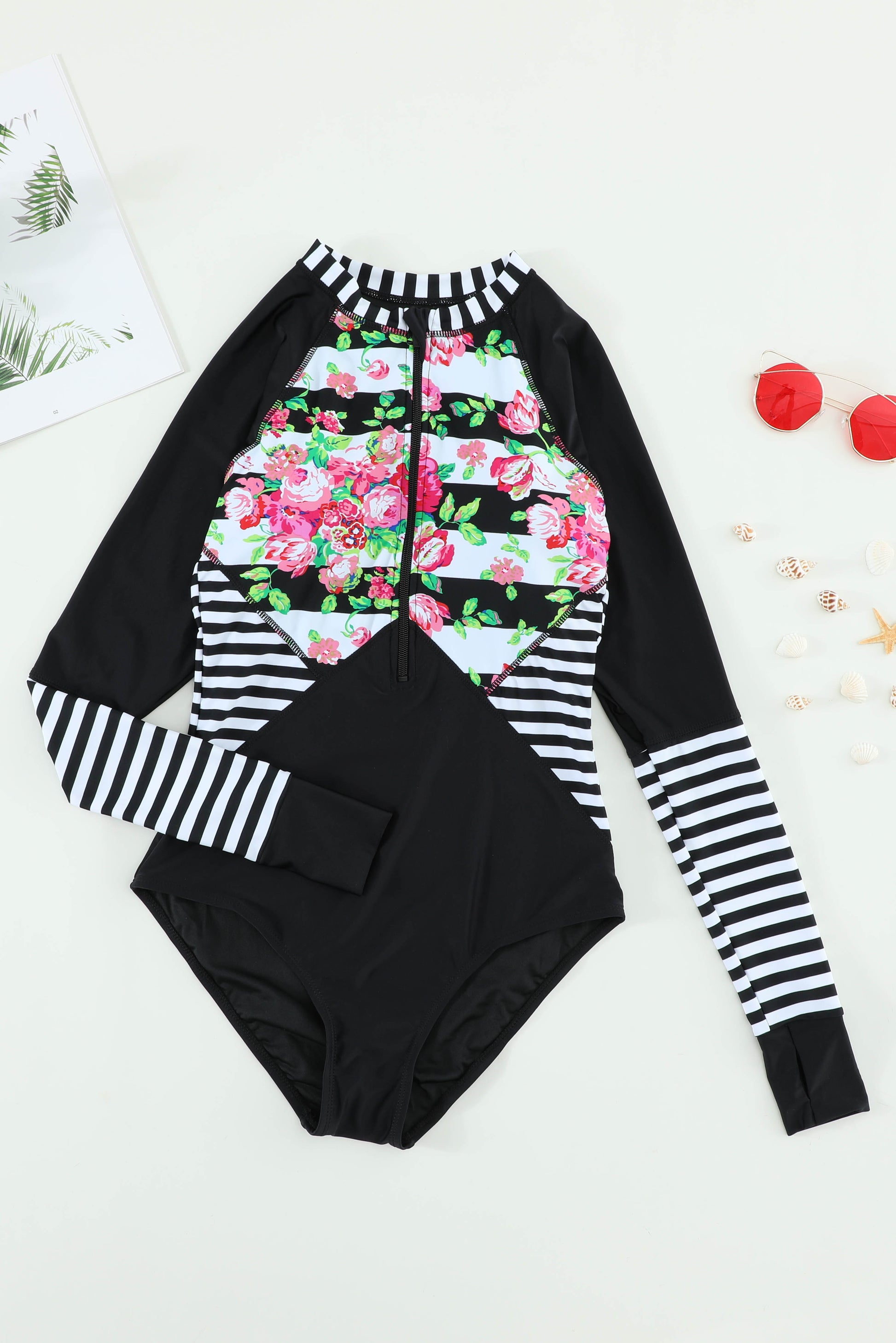 Floral Striped Patchwork Rashguard One-piece-TOPS / DRESSES-[Adult]-[Female]-Blue Zone Planet