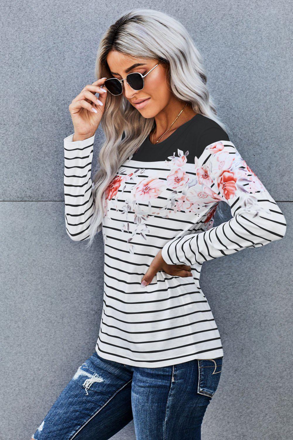 Floral Striped Print Top BLUE ZONE PLANET